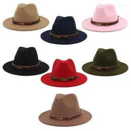 Berets Men Women Vintage Ethnic Felt Shallow Fedoras Hat With Woven Belt Buckle Sunscre Dropship