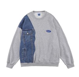 Women039s Denim Stitched Sweater Round Tie Pocket Casual Loose Hoodies Hip Hop Street Trend Design Men Pullover2744489