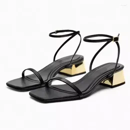 Dress Shoes Modern Sandals Women 2024 Metal High Heels Simple Designed One Slim Strap Black Summer Ladies Ornament