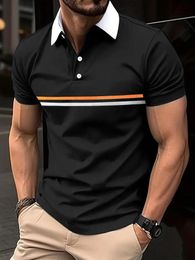 Stripe Print Mens Casual Button Up Short Sleeve Polo Shirt For Summer Tops Men EUROPEAN Measurement 240516