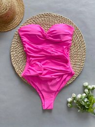 Women's Swimwear Bandeau Swimsuit Women 2024 Sexy Front Tie Hollow Out Pleate One Piece Summer Pink Beach Bathing Suit Slim Monokini