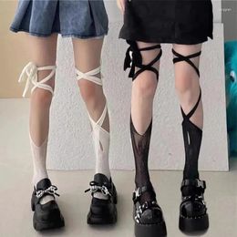 Women Socks Cross Strap Knee For Solid Tie Lace Lolita Breathable Stockings Thin Sexy Long Gothic Thigh Fishnet