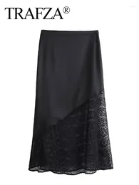 Skirts TRAFZA Fashion Women Drape Elegant Woman Lace Hollow Satin Skirt Stitching Decoration Vintage High Waist Zipper