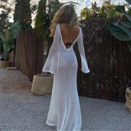 Kintted Swimsuit Cover Up Beach Bathing Suit Sexy See Through Long Sleeve Backless Maxi Summer Dress Bikinis Cover-ups