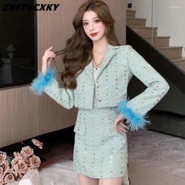 Work Dresses High-End Tweed Two Piece Set Women Fashion Feather Patchwork Jacket Coat Mini Skirt Suits Autumn High Street 2 Outfit