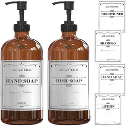 Storage Bottles 16 OZ Thick Amber Glass Soap Dispenser With Plastic Pump 2 Pack For Bathroom 6 Waterproof Labels