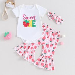 Clothing Sets Baby Girl First Birthday Outfit Sweet One Short Sleeve Romper Strawberry Print Flare Pants Cake Smash Outfits