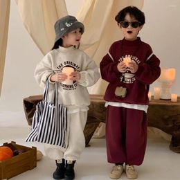 Clothing Sets Korean 2024 Winter Children Boys 2PCS Clothes Set Cotton Velvet Letter Turtleneck Top Loose Fleece Solid Pant Kids Boy