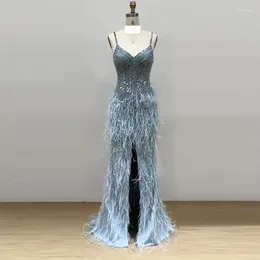 Party Dresses Luxury Blue Sleeveless Sexy Evening Night Beading Feathers Mermaid Front Slit Backless Wedding Formal Prom Gowns