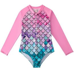 One-Pieces European and American style mermaid swimsuit baby swimsuit long sleeved one piece swimsuit hot spring fish scale childrens swimsuit 4-12Y d240521