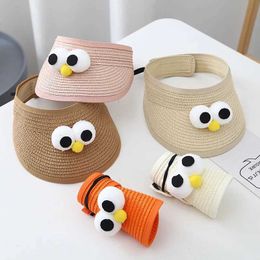 Caps Hats Cartoon Baby UPF 50+Protective Sun Hat Wide Brim Open Top Summer Foldable Cute Big Eyed Childrens Straw d240521