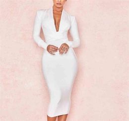 Summer Deep V Neck Women Bandage Dress Full Sleeves Celebrity Bodycon Dress Sexy Club Vestidos Evening Party Dresses 2108265332196