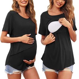 New Maternity Clothes Womens Short Sleeve Crew Neck Solid Color Asymmetrical Flap Nursed Tops Casual T Shirt For Breastfeeding L2405