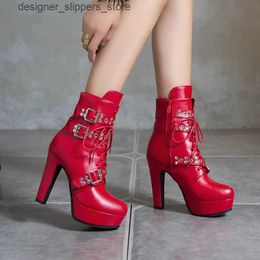 Boots Red yellow white womens ankle boots platform lace high heels short buttons autumn sexy womens shoes oversized 50 Q240521
