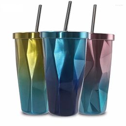 Mugs Creative Colorful Two Walls Coffee Mug 16oz 500ml Steel Car Cold Drinking Cup With Straw