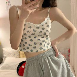 Women's Tanks Age Reduction Short Halter Vest Top Summer Square Collar Sleeveless Spice Girl Thin Bubble Sleeve Floral T-shirt