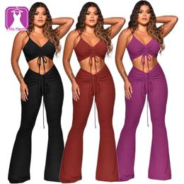 Hot Sale Women Sleeveless Deep V-Neck Short Vest Flare Pants Summer Solid Color Pleated Drawstring Ribbed 2 Piece Sets