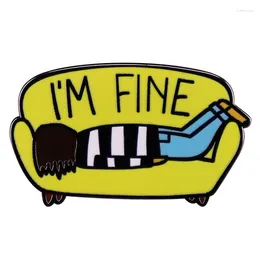 Brooches I'm Fine Enamel Pins Cartoon Character Lying On The Sofa Funny English Letter Pin Badge Jewellery Gift Backpack Decoration