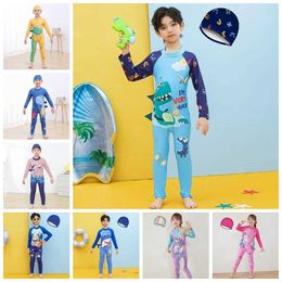 NAP6 One-Pieces Spring and Autumn Baby Boys and Girls One Piece Swimming Suit Hat 2-piece Set Childrens Swimming Suit Cartoon Dinosaur Shark Set d240521