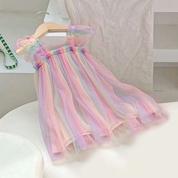 Girls Wings Rainbow Mesh Tutu 2024 Summer New Sweet Flying Sleeves Baby Princess Dress Birthday Party Clothes 1-5 Years
