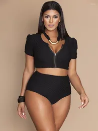 Women's Swimwear Sexy Large Size Bikini Set Women 2024 2-piece Swimsuit Monokini Female Zipper Short Sleeve Bathing Suit Plus