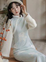 Casual Dresses Chinese Style Vintage Cheongsam Dress For Women Blue Print Plush Patchwork Elegant Qipao Ladies Temperament