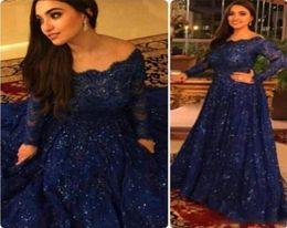 Party Dresses Arabic Navy Blue Long Sleeve Lace Muslim Evening Dress Capped Floor Length Prom Custom Formal Gowns Plus Size8917208