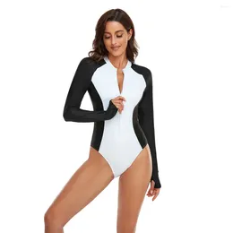 Women's Swimwear Fashion One Piece Long Sleeve Solid Colour Black Front Zipper Surfing Swim Sunscreen High Neck Shorts Surfwear