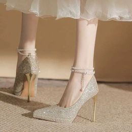 Dress Shoes Women New Wedding Crystal Sequins Pumps Women Party Wedding Bling Glitter High Heels Shoes Ladies High Heels Pearl Chains Shoes H240521 FW1P