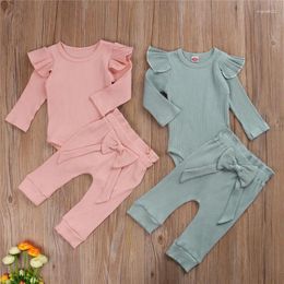 Clothing Sets 0-24months Baby Cute Pants Set Hang Strip Long Sleeve Ruffled Romper Bowknot Decorated Elastic Trousers Outfits For Girls