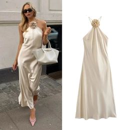 TRAF Flower Halter Dress Woman Off Shoulder Satin Long Women Backless Sexy Evening Dresses Summer Party For 240513