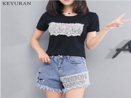 Women Letter Pattern Beaded T ShirtsJeans Short Pants Suits Summer Woman Casual Lace Tshirt Hole Denim Shorts Sets L20555504267