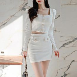 Work Dresses Spring Summer Women Elegant Sexy Square Collar Crop Top And Mini Skirts Suit Female Fashion Pencil Skirt Two Piece Set