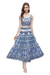 Work Dresses Bohemian Fashion 2 Piece 2024 Summer Blue And White Porcelain Print Halter Top High Waist Skirt Suit