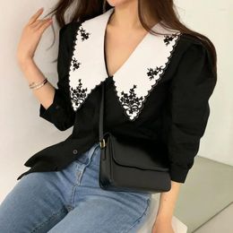 Women's Blouses Elegant Korean Floral Embroidery Shirts 2024 Cotton Chic Puff Sleeve White Blouse Women Vintage Clothes Tops 14223