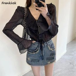 Women's Blouses Flare Long Sleeve All-match Women Blouse Elegant Creativity Ruffles Solid Colours Sun-proof Stylish Fitness Summer Holiday