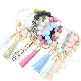Party Favour Colour Wooden Tael String Keychain Food Grade Sile Bead Bracelet Women Girl Key Ring Chain Writ Strap Pendant Leather Dro Dhier