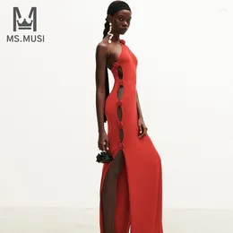 Casual Dresses MSMUSI 2024 Fashion Women Strap One Shoulder Floral Sleeveless Hollow Out Backless Bandage Party Club Bodycon Maxi Dress