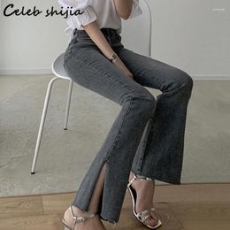 Women's Jeans SHIJIA Split Woman Vintage Grey High Waisted Elastic Denim Flare Pants Korean Fashion Slim Scratched Mom Bottom