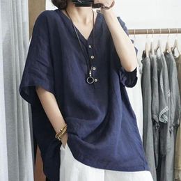 Women's Blouses Solid Color V-neck Tops Women Stylish Buttoned Summer Loose Fit Short Sleeve Tee Shirt For