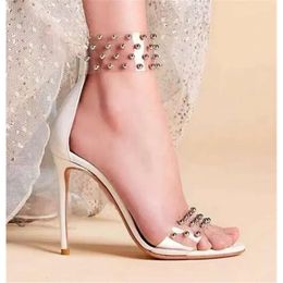 Newest Women Fashion Open Toe Clear PVC Rivet Beaded Stiletto Transparent Back Zipper-up High Heel 287