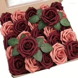 Decorative Flowers Artificial 25pcs Real Looking Burgundy & Pinky Cedar Foam Fake Roses With Stems For DIY Wedding Bouquets Bridal Shower C