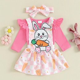 Clothing Sets Baby Girls Easter Outfit Long Sleeve Romper With Cartoon Plaid Overall Dress