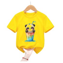 T-shirts Funny Panda Animal Print Yellow T Shirt For Girls/Boys Kawaii Kids Clothes Summer Short Sleeve ChildrenS Clothing Y240521