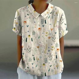 Women's Blouses Lightweight Linen Shirt Floral Print Casual Blouse For Office Vacation Short Sleeve Lapel Pullover Tops With Loose Fit