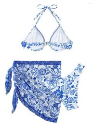 Women's Swimwear Women Bikini Set Flower Blue And White Porcelain Print Bra Briefs With Tie-up Skirt Bathing Suit 3-piece Swimsuit