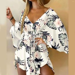 Casual Dresses Elegant Summer Women Sexy V Neck Lace-up Floral Print Mini Dress Flared Sleeves Irregular Ladies Party Robe