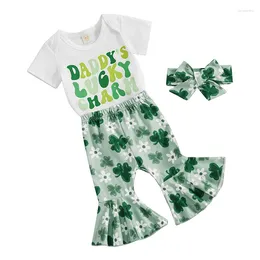 Clothing Sets Summer St. Patrick's Day Infant Baby Girls Outfits Short Sleeve Letter Print Romper Flare Pant Headband Set Clothes