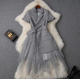 New Fashion Designer Summer Dress Women Clothes Elegant OL Notched Collar Blazer Patchwork Tulle Party Office Dress3493357