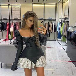 Casual Dresses Women's Long Sleeved Off Shoulder Ruffled Party Club Black And White Contrasting Leather Patchwork Tight Sexy Mini Dress